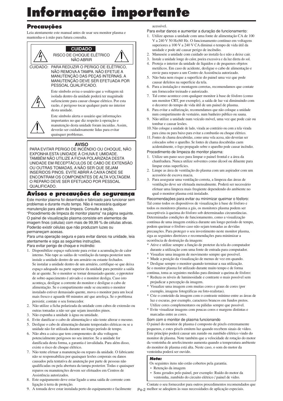 Informação importante, Precauções, Avisos e precauções de segurança | NEC PX-60XM5A User Manual | Page 152 / 203