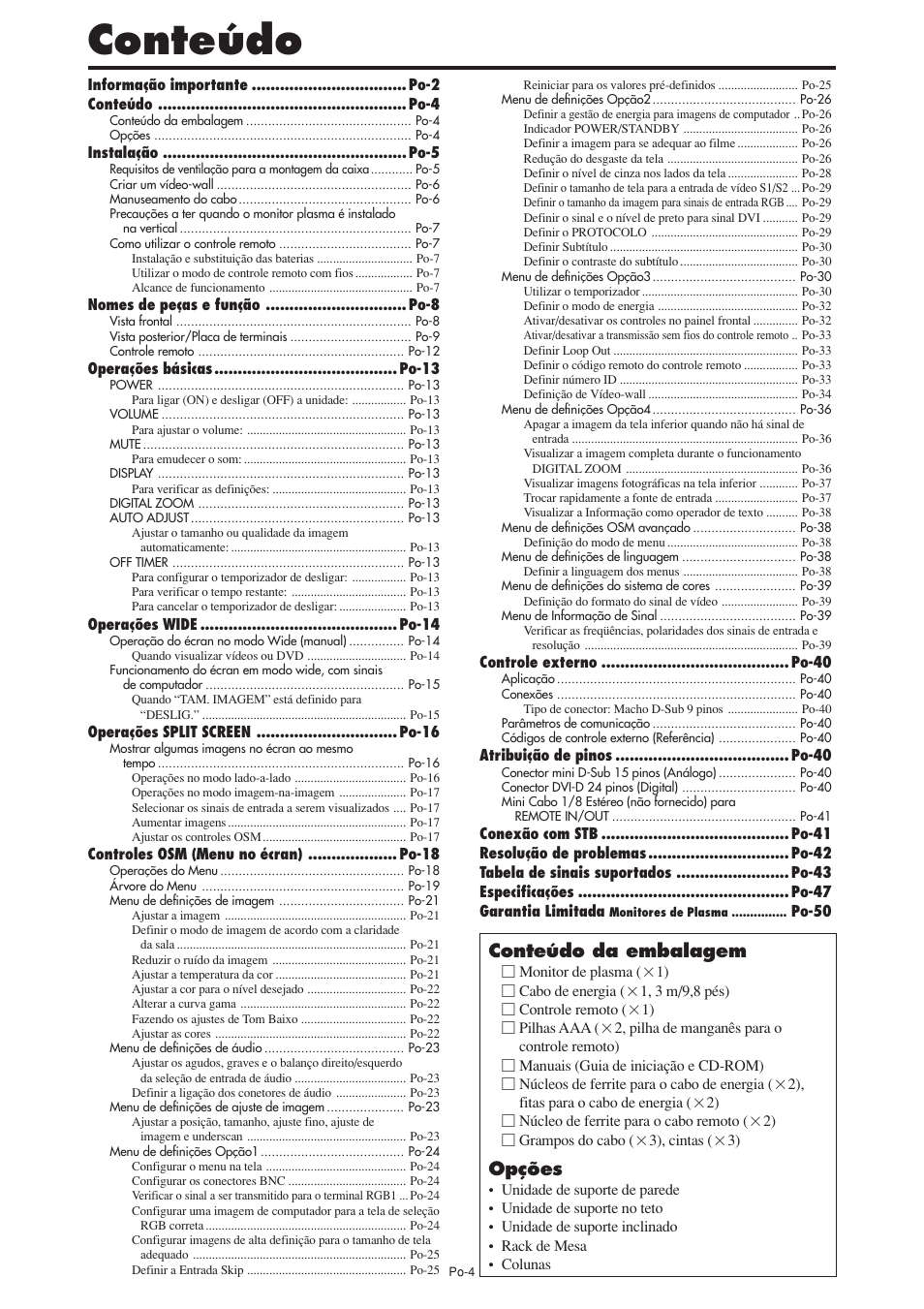 Conteúdo, Conteúdo da embalagem, Opções | NEC PX-60XM5A User Manual | Page 154 / 203