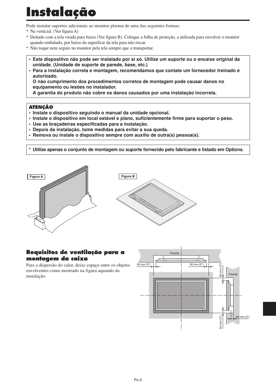 Instalação, Requisitos de ventilação para a montagem da caixa | NEC PX-60XM5A User Manual | Page 155 / 203