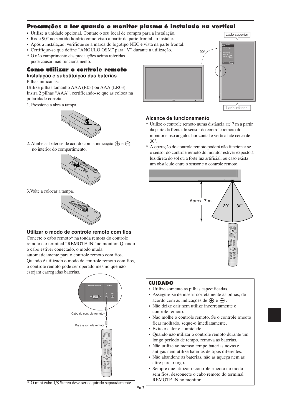 Como utilizar o controle remoto, Aprox. 7 m | NEC PX-60XM5A User Manual | Page 157 / 203