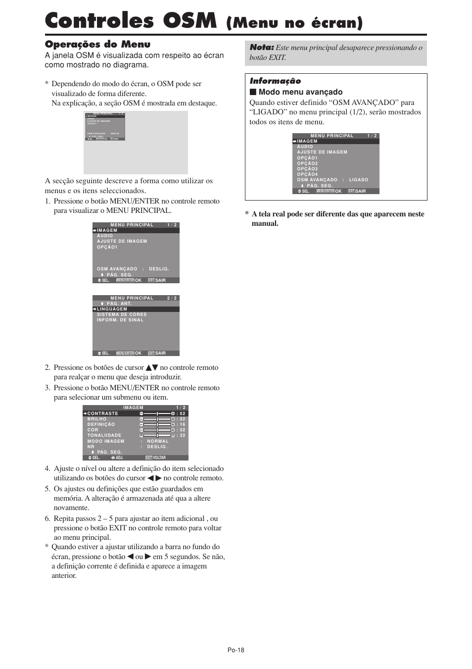 Controles osm, Menu no écran), Operações do menu | Pressione os botões de cursor | NEC PX-60XM5A User Manual | Page 168 / 203