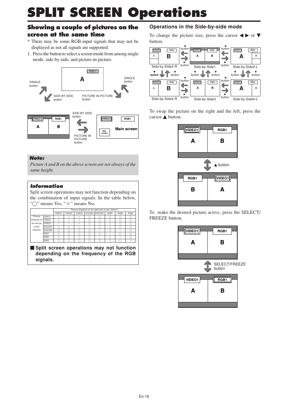 Split screen operations, Button | NEC PX-60XM5A User Manual | Page 17 / 203