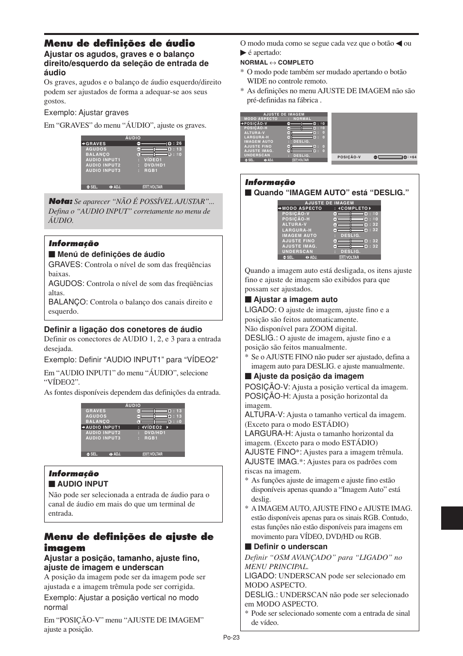 Menu de definições de áudio, Menu de definições de ajuste de imagem, É apertado | Informação Ⅵ quando “imagem auto” está “deslig | NEC PX-60XM5A User Manual | Page 173 / 203