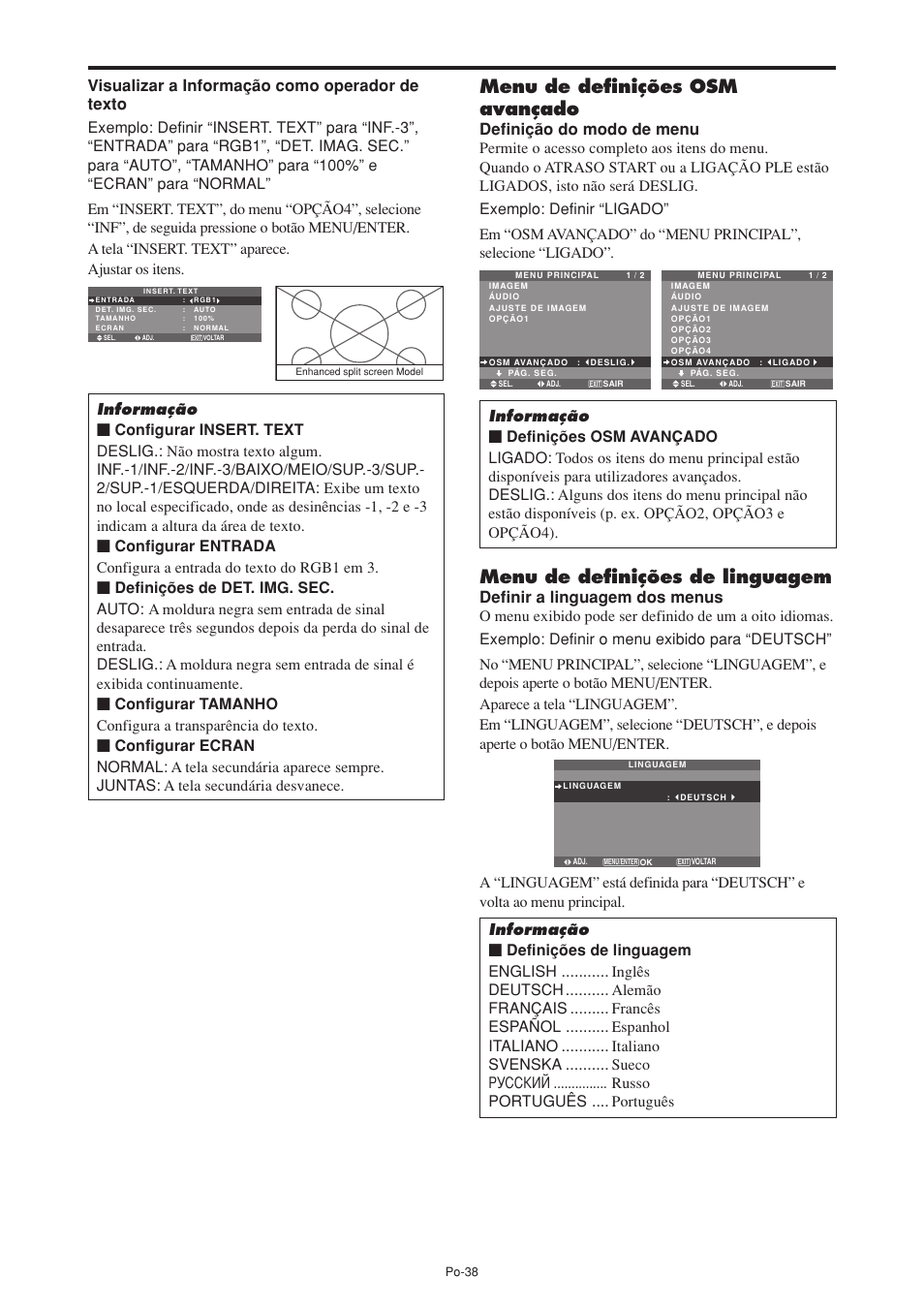 Menu de definições osm avançado, Menu de definições de linguagem | NEC PX-60XM5A User Manual | Page 188 / 203