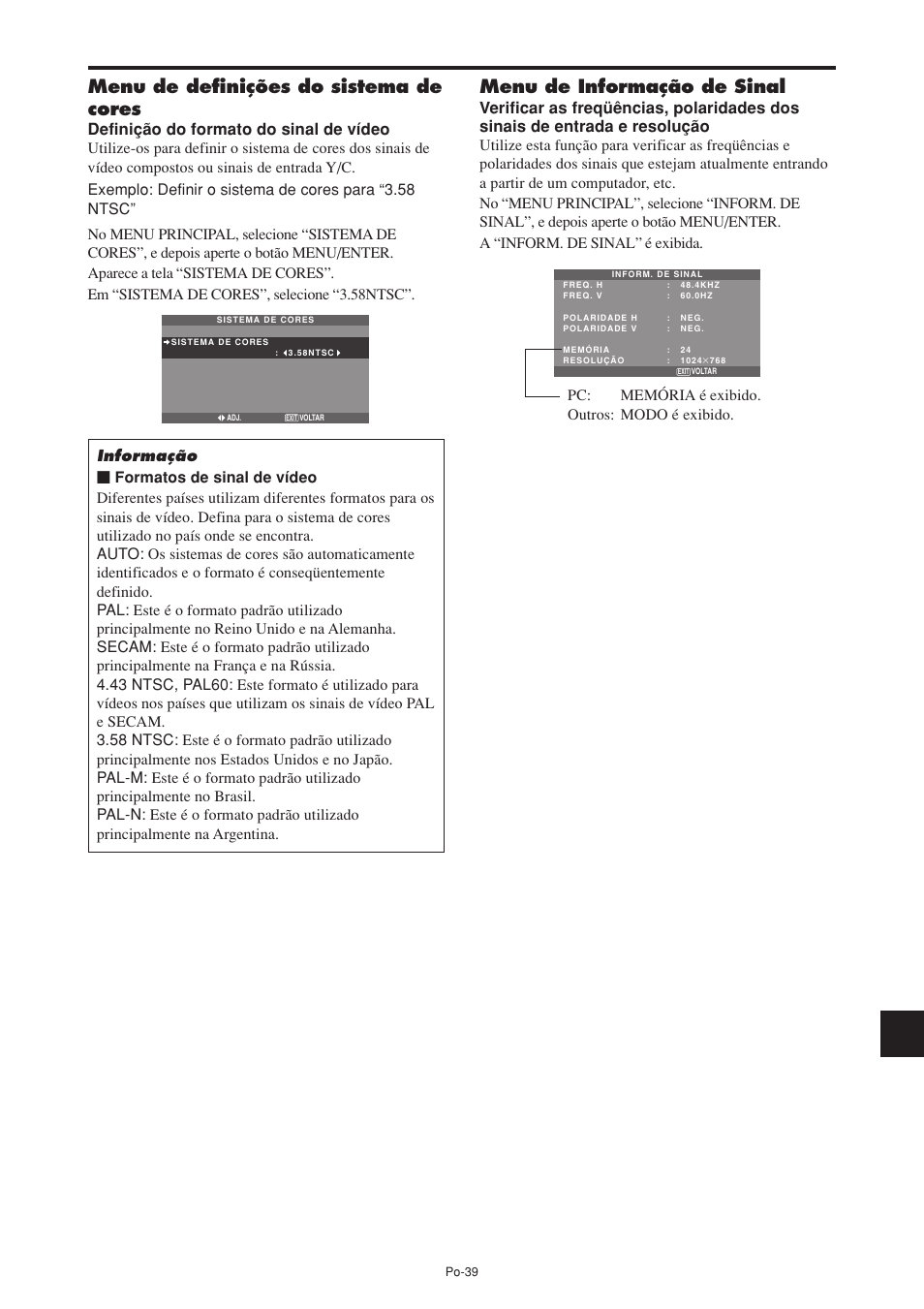 Menu de informação de sinal, Menu de definições do sistema de cores, Pc: memória é exibido. outros: modo é exibido | NEC PX-60XM5A User Manual | Page 189 / 203