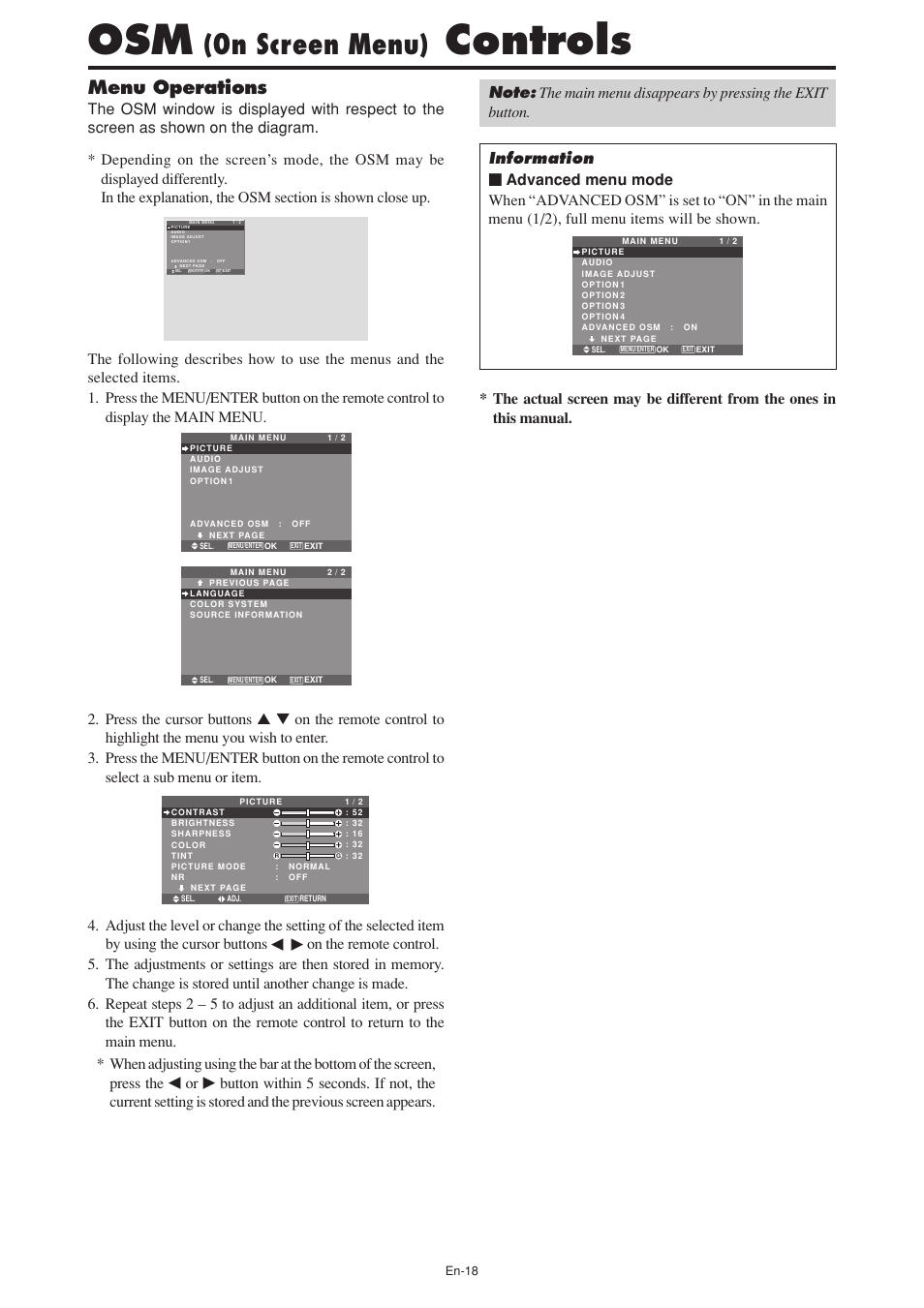 Controls, On screen menu), Menu operations | NEC PX-60XM5A User Manual | Page 19 / 203