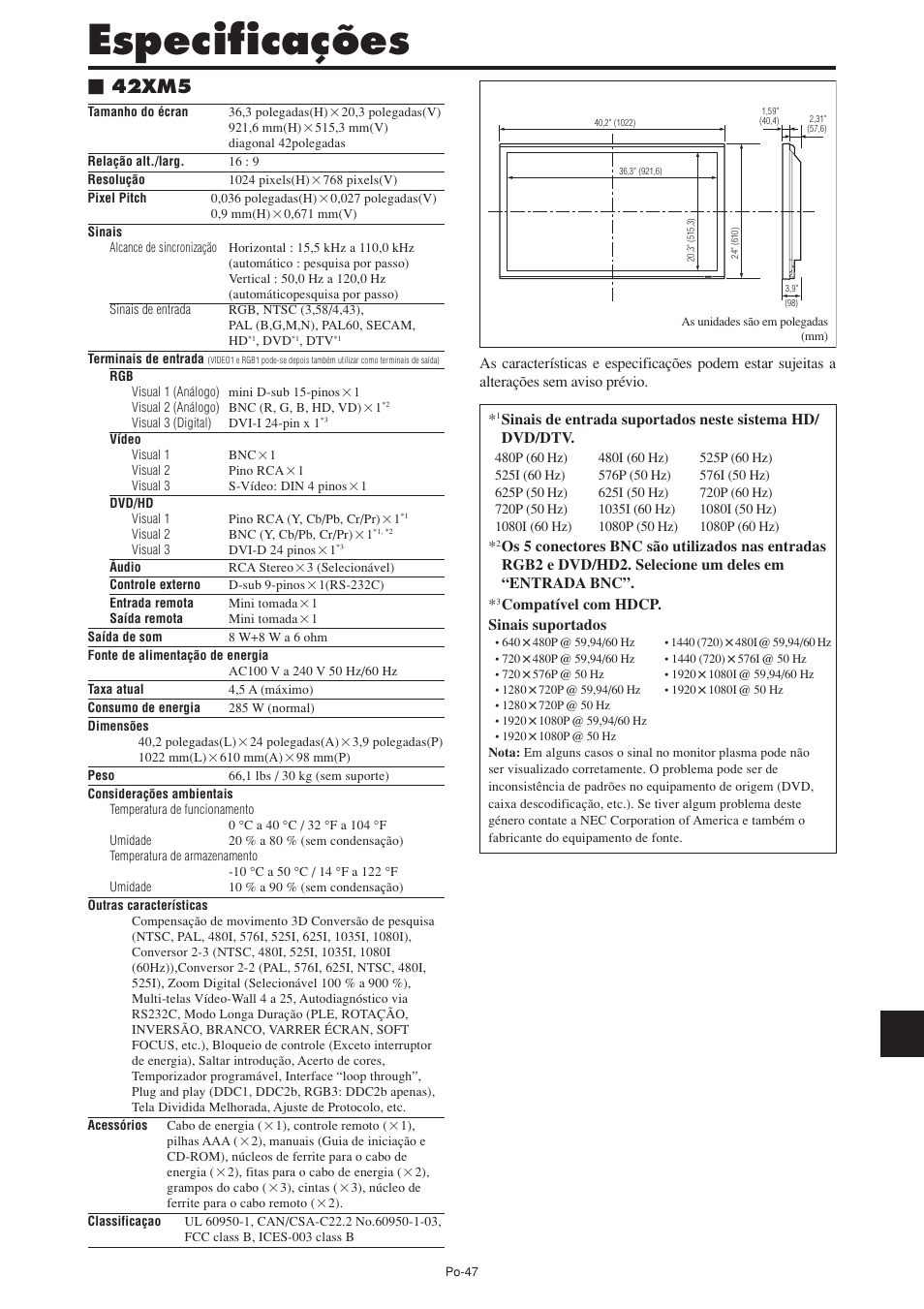 Especificações, 42xm5 | NEC PX-60XM5A User Manual | Page 197 / 203