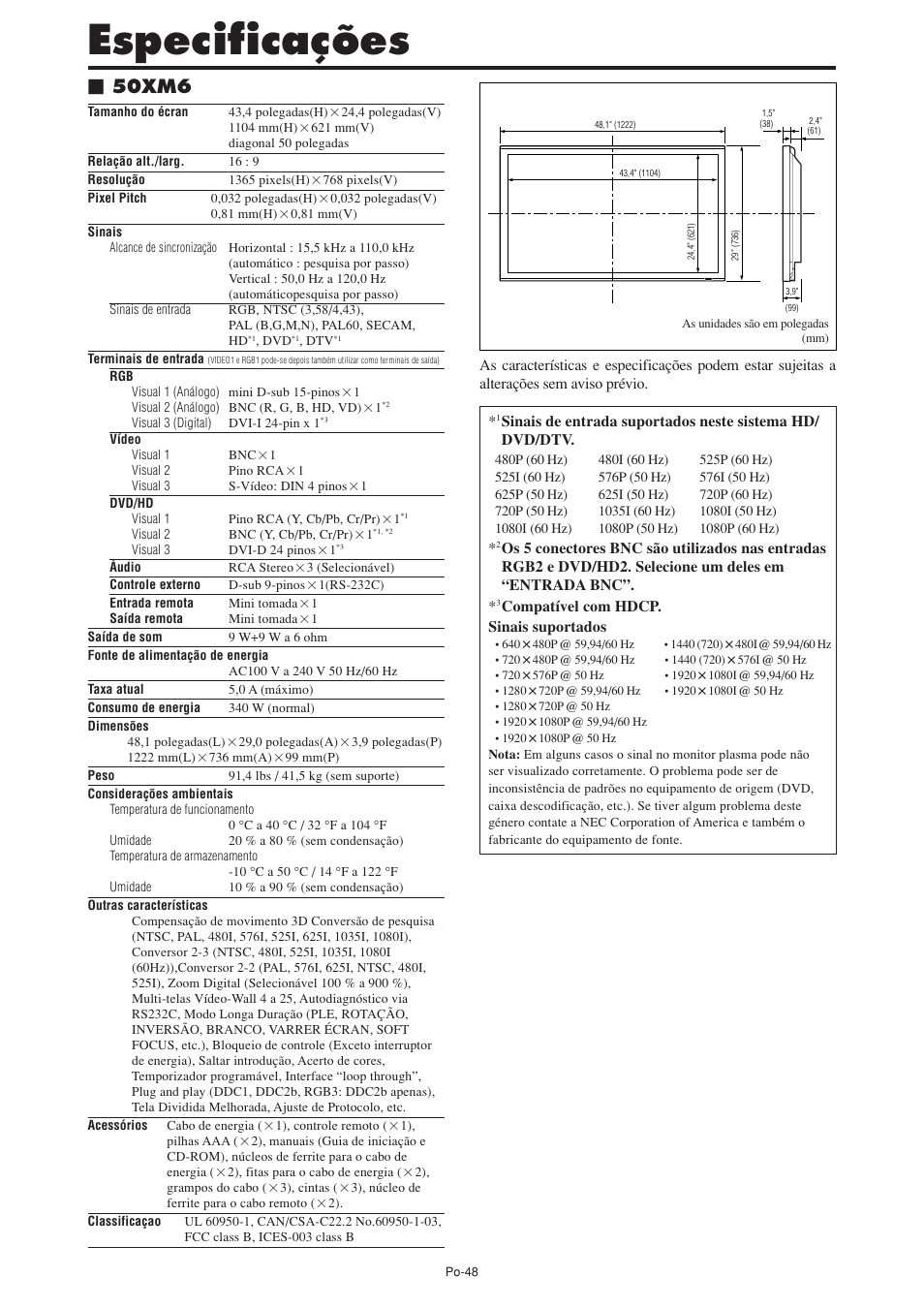 Especificações, 50xm6 | NEC PX-60XM5A User Manual | Page 198 / 203