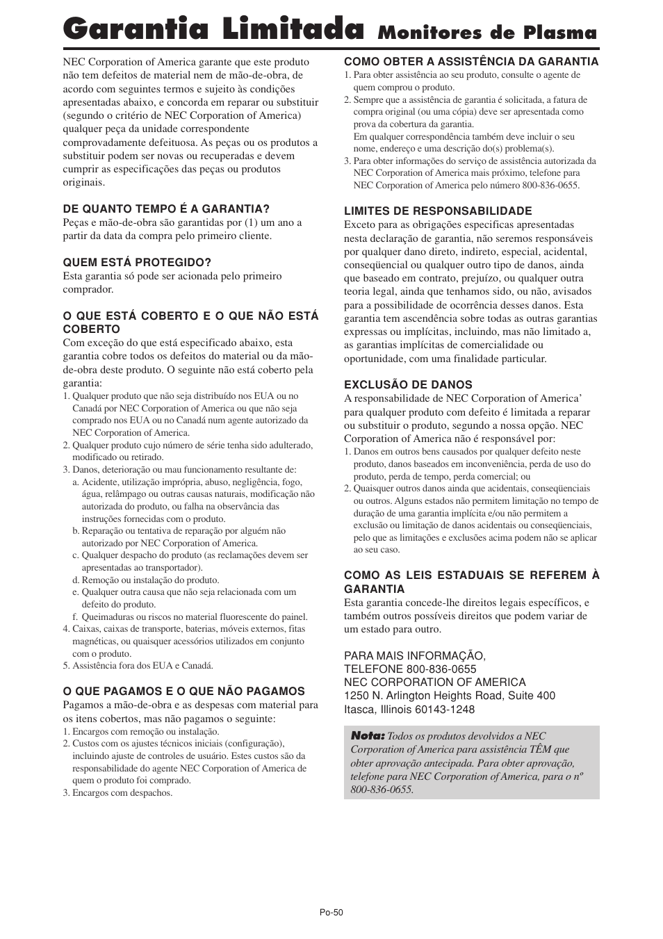 Garantia limitada, Monitores de plasma | NEC PX-60XM5A User Manual | Page 200 / 203