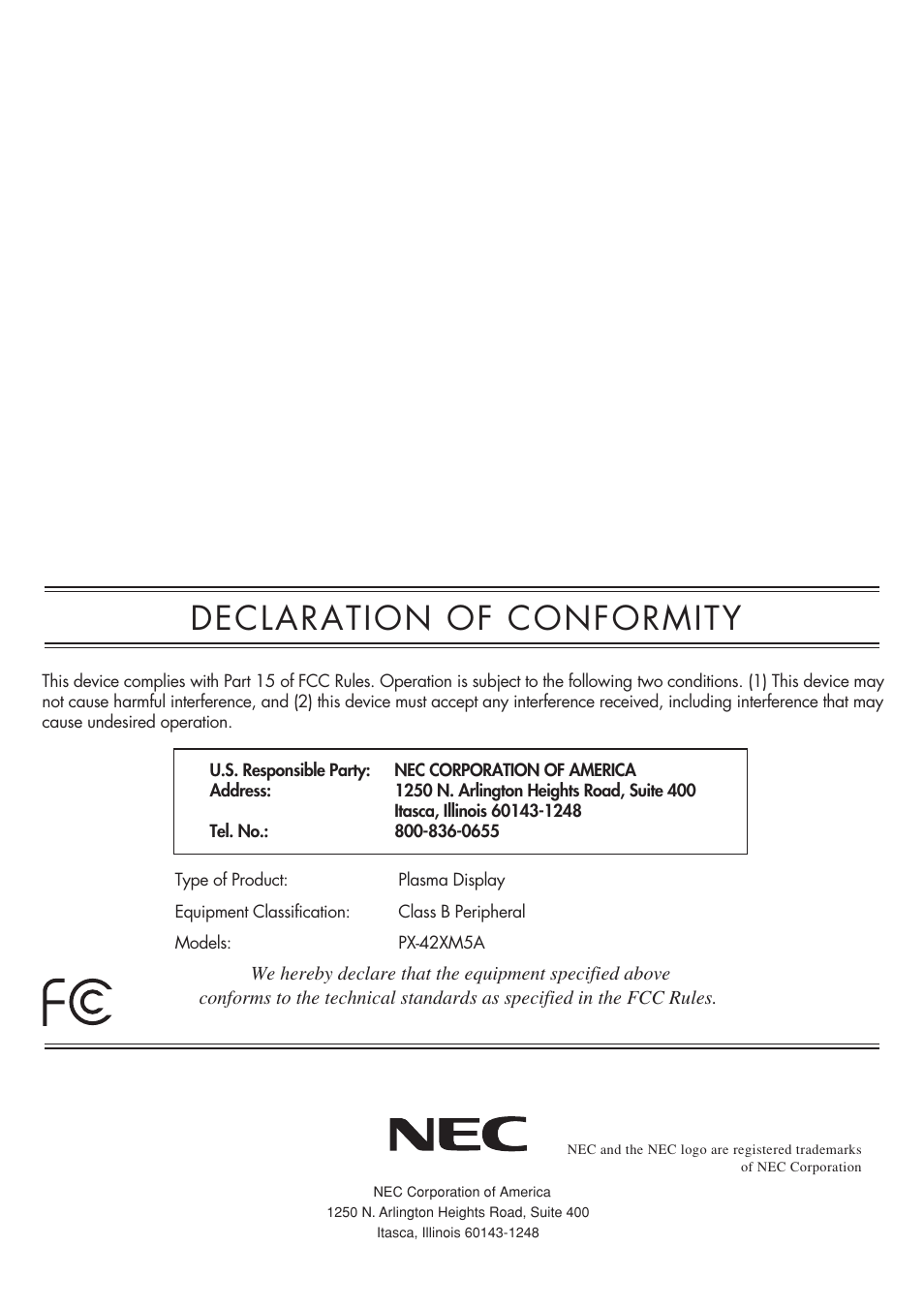 Declaration of conformity | NEC PX-60XM5A User Manual | Page 201 / 203