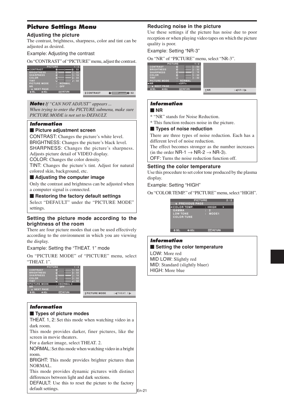 Picture settings menu | NEC PX-60XM5A User Manual | Page 22 / 203