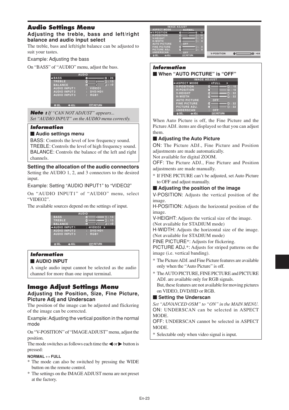 Audio settings menu, Image adjust settings menu, Button is pressed | Information Ⅵ when “auto picture” is “off | NEC PX-60XM5A User Manual | Page 24 / 203