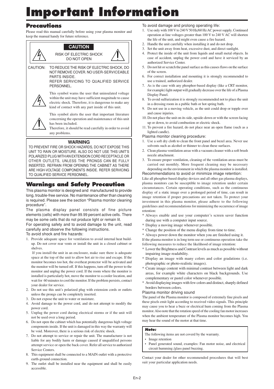 Important information, Precautions, Warnings and safety precaution | NEC PX-60XM5A User Manual | Page 3 / 203