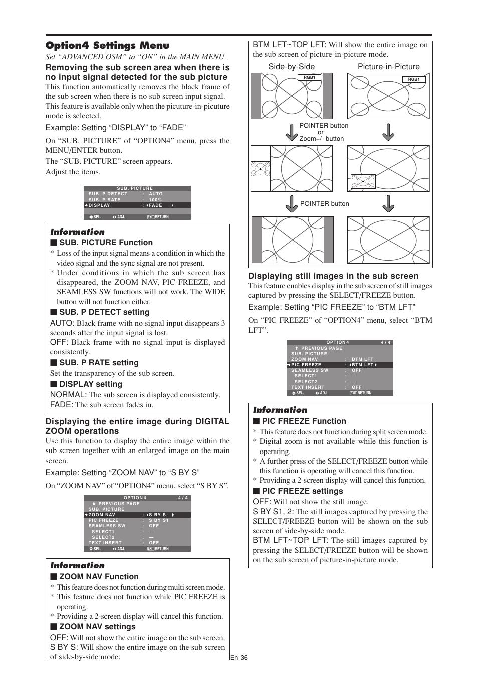 Option4 settings menu, Side-by-side picture-in-picture | NEC PX-60XM5A User Manual | Page 37 / 203