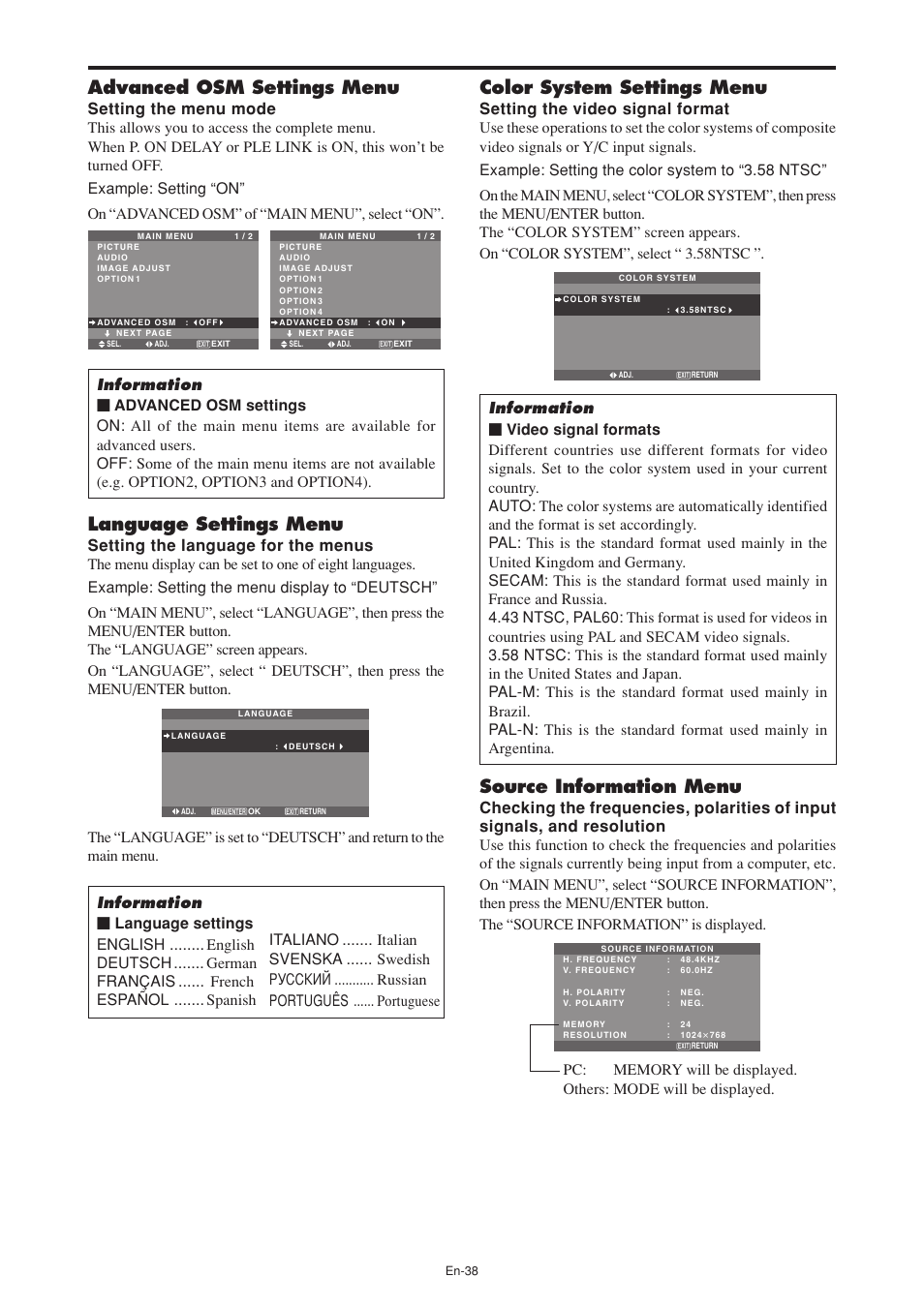 Advanced osm settings menu, Language settings menu, Color system settings menu | Source information menu | NEC PX-60XM5A User Manual | Page 39 / 203