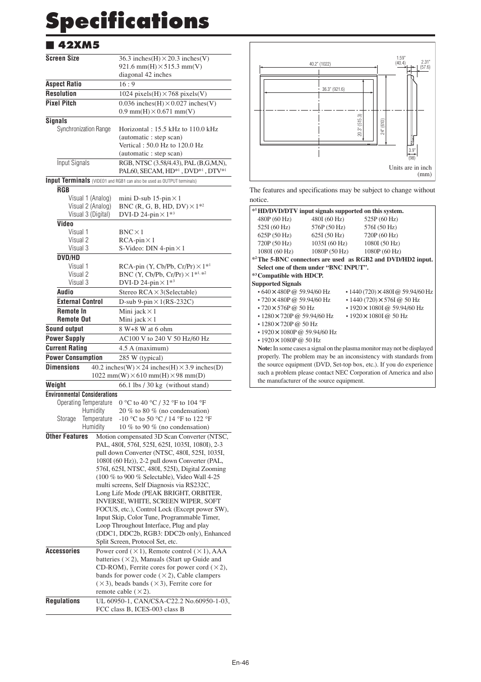 Specifications, 42xm5 | NEC PX-60XM5A User Manual | Page 47 / 203