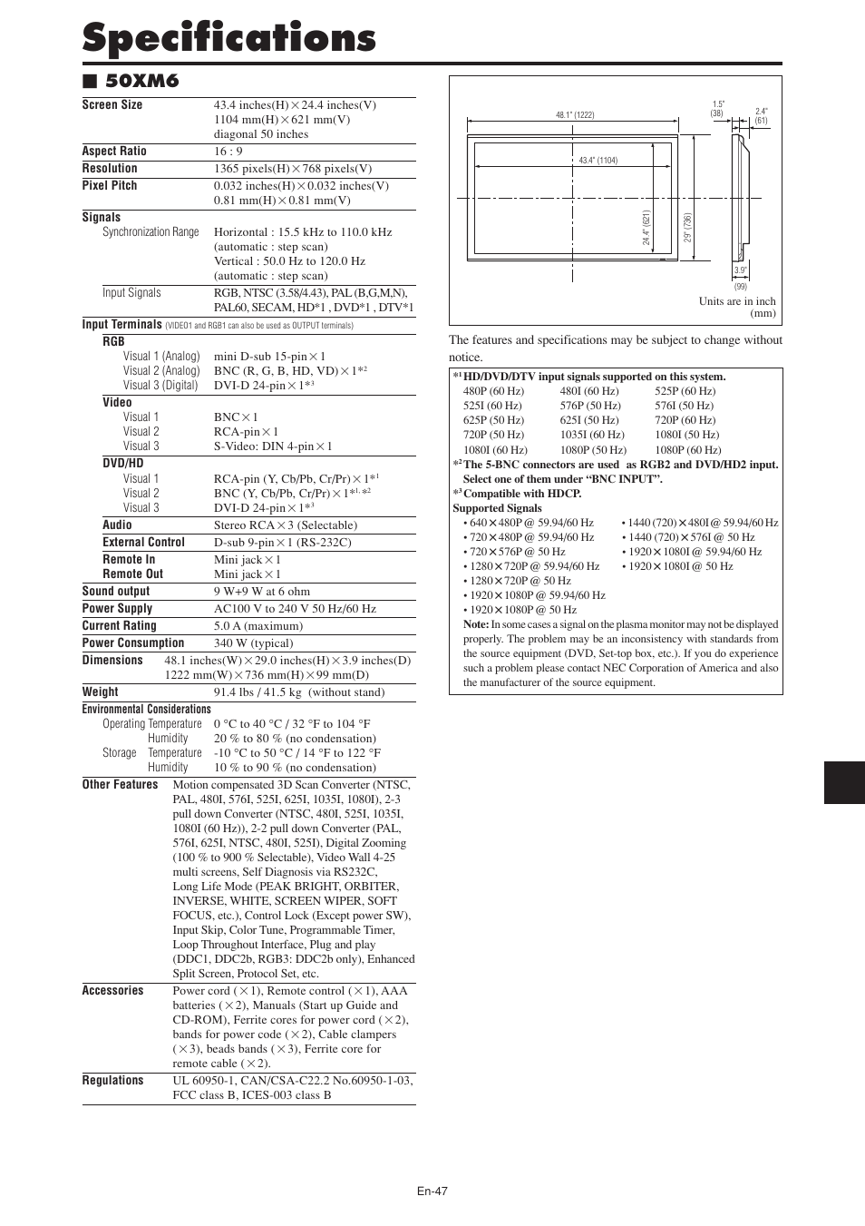 Specifications, 50xm6 | NEC PX-60XM5A User Manual | Page 48 / 203