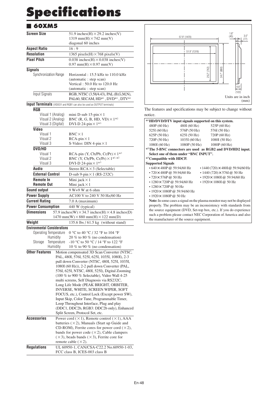 Specifications, 60xm5 | NEC PX-60XM5A User Manual | Page 49 / 203