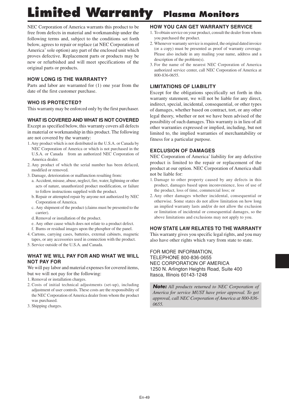 Limited warranty, Plasma monitors | NEC PX-60XM5A User Manual | Page 50 / 203