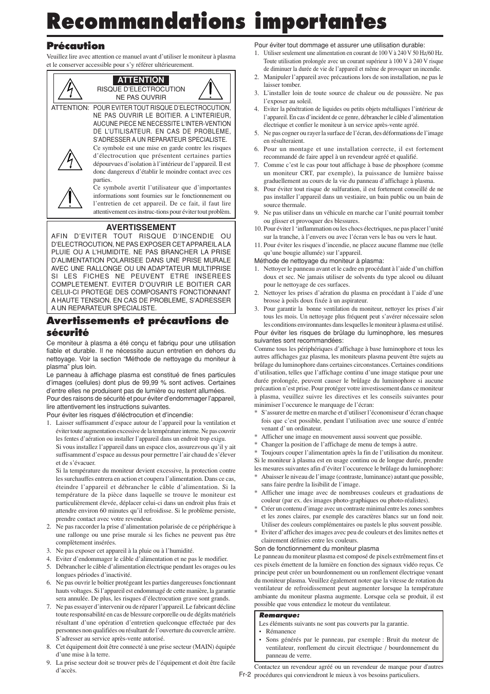 Recommandations importantes, Précaution, Avertissements et précautions de sécurité | NEC PX-60XM5A User Manual | Page 52 / 203