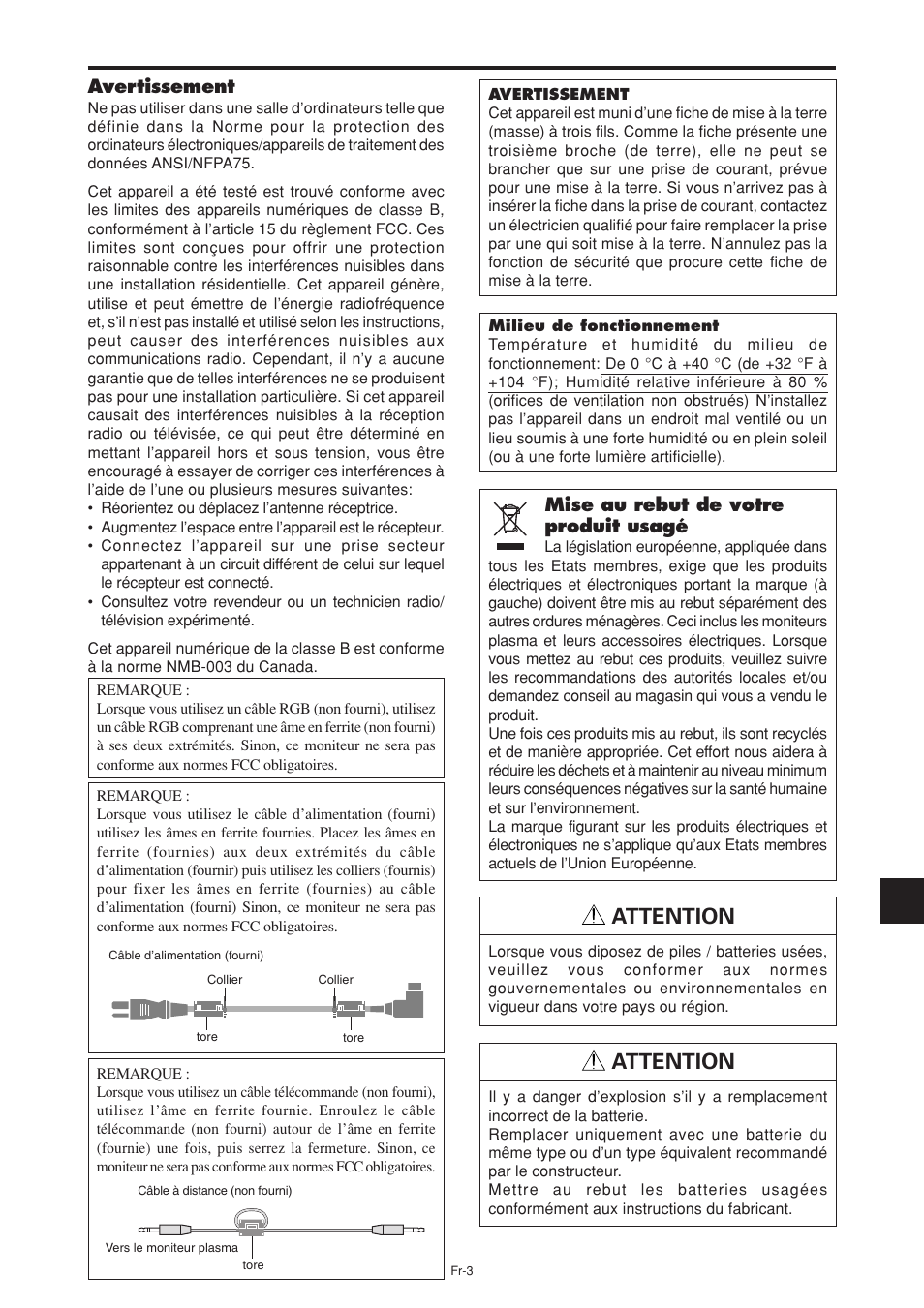 Attention, Avertissement, Mise au rebut de votre produit usagé | NEC PX-60XM5A User Manual | Page 53 / 203