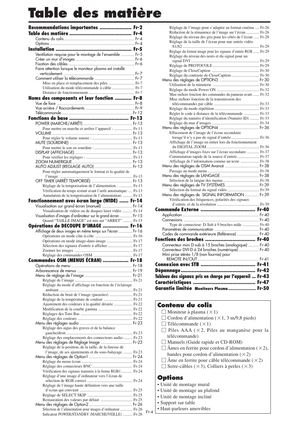 Table des matière, Contenu du colis, Options | NEC PX-60XM5A User Manual | Page 54 / 203