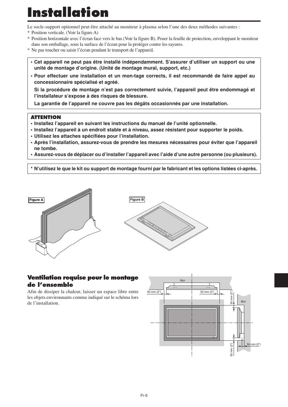 Installation, Ventilation requise pour le montage de l’ensemble | NEC PX-60XM5A User Manual | Page 55 / 203