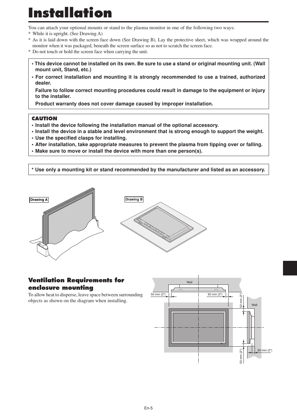 Installation, Ventilation requirements for enclosure mounting | NEC PX-60XM5A User Manual | Page 6 / 203