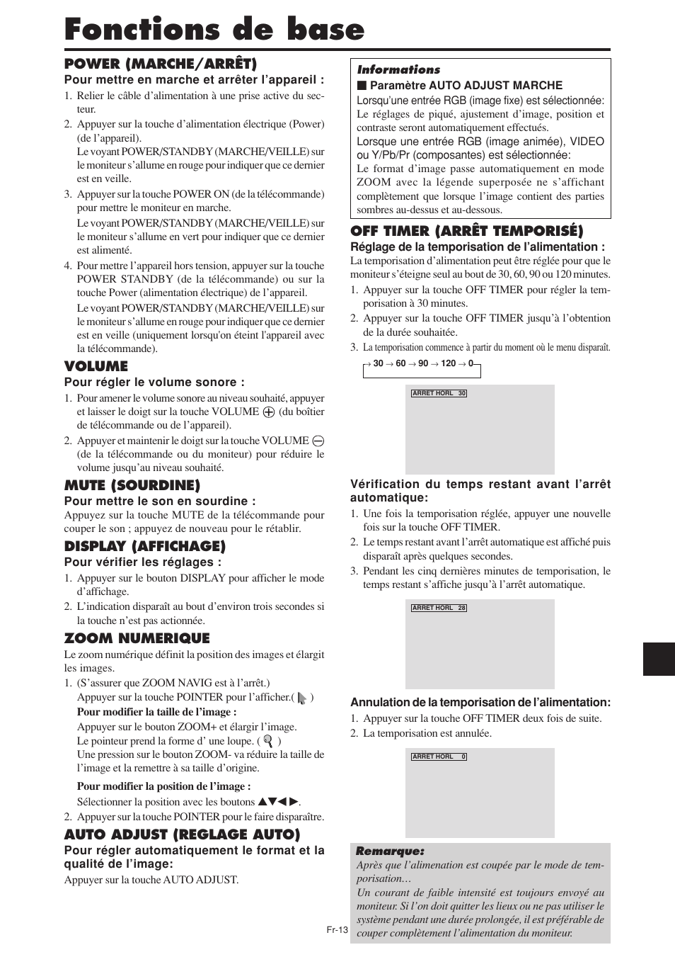 Fonctions de base, Power (marche/arrêt), Volume | Mute (sourdine), Display (affichage), Zoom numerique, Auto adjust (reglage auto), Off timer (arrêt temporisé) | NEC PX-60XM5A User Manual | Page 63 / 203