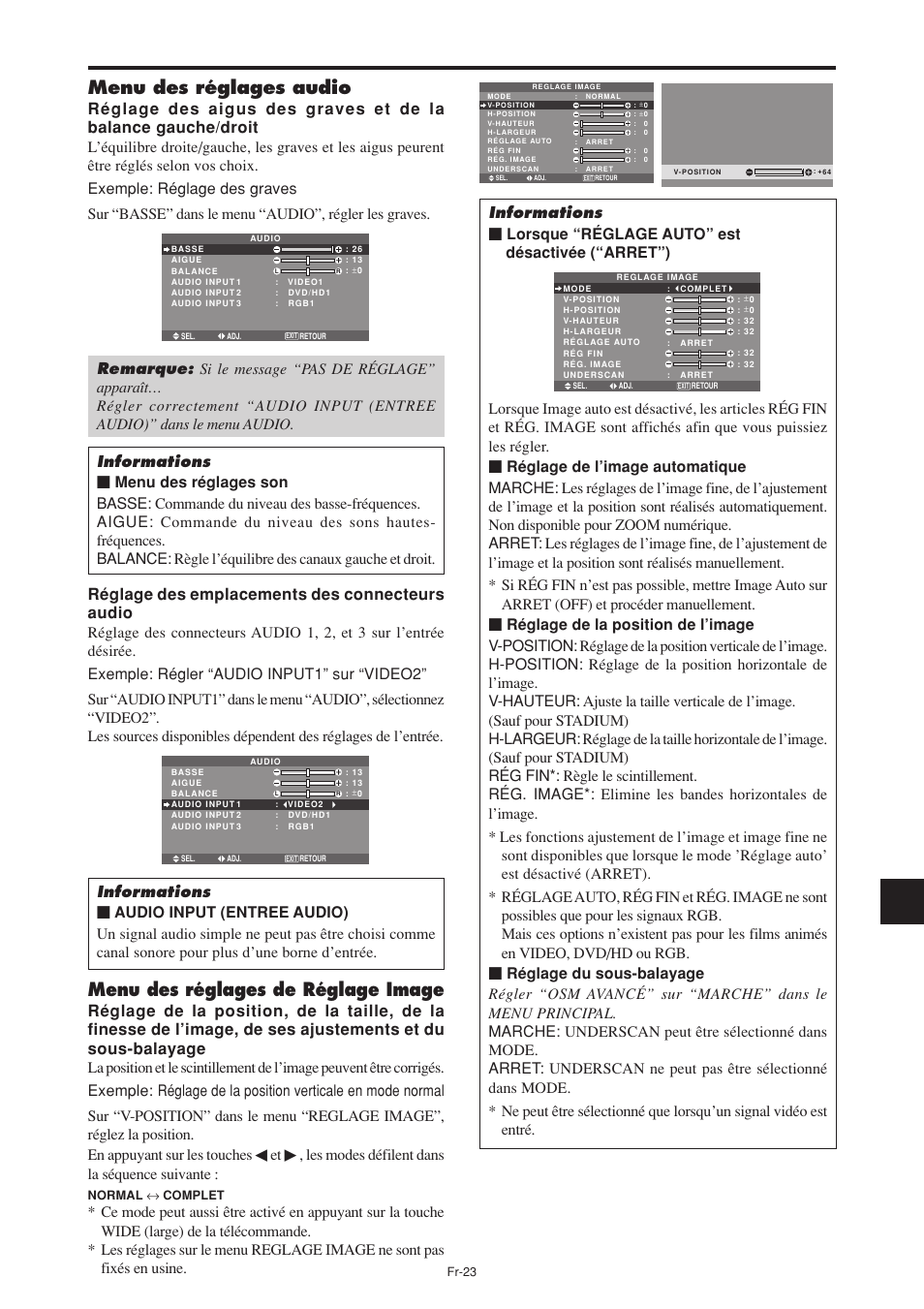 Menu des réglages audio, Menu des réglages de réglage image, Les modes défilent dans la séquence suivante | NEC PX-60XM5A User Manual | Page 73 / 203