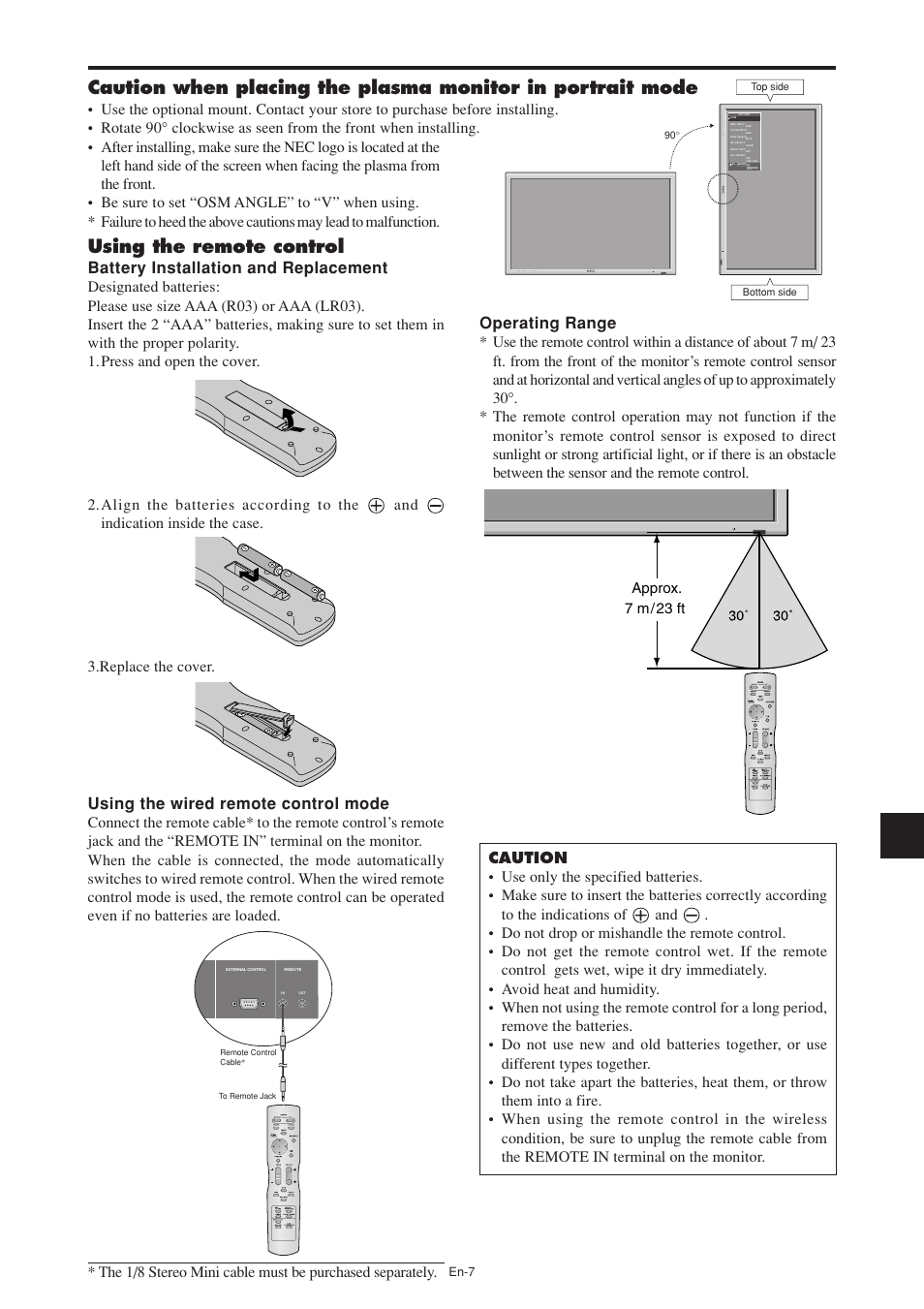 Using the remote control, Approx. 7 m / 23 ft | NEC PX-60XM5A User Manual | Page 8 / 203