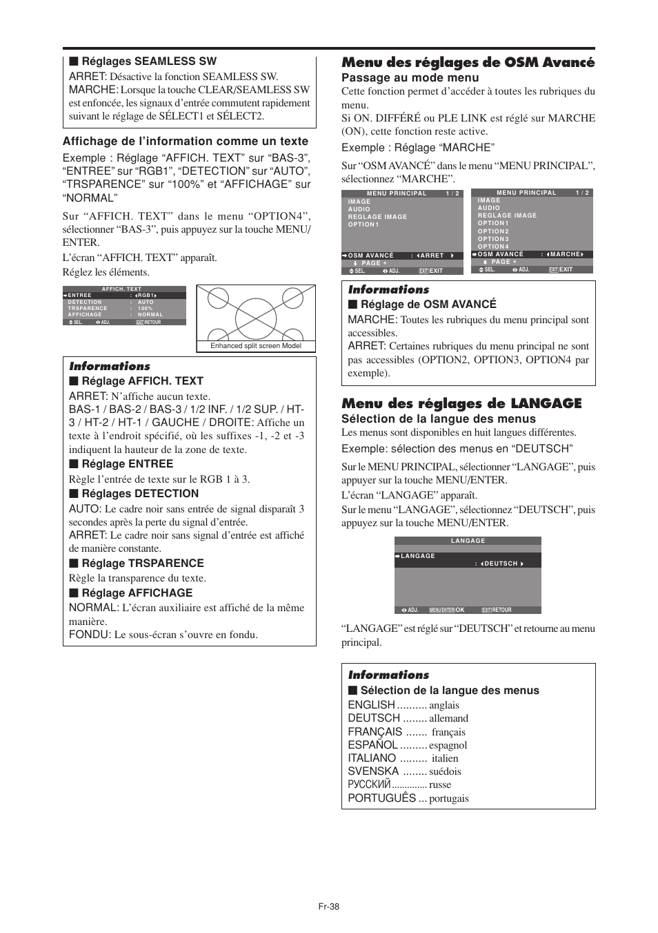 Menu des réglages de osm avancé, Menu des réglages de langage | NEC PX-60XM5A User Manual | Page 88 / 203