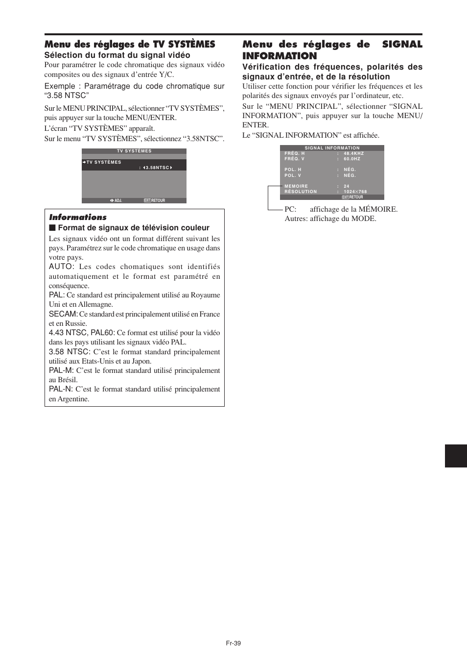 Menu des réglages de tv systèmes, Menu des réglages de signal information | NEC PX-60XM5A User Manual | Page 89 / 203