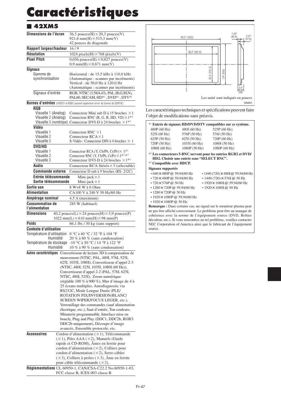 Caractéristiques, 42xm5 | NEC PX-60XM5A User Manual | Page 97 / 203