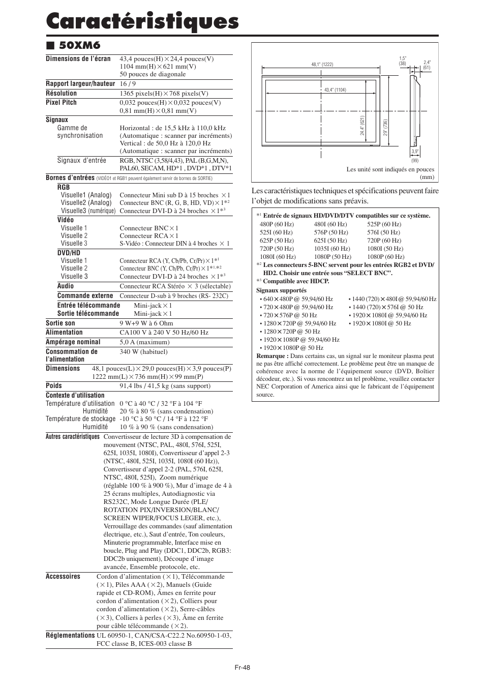 Caractéristiques, 50xm6 | NEC PX-60XM5A User Manual | Page 98 / 203