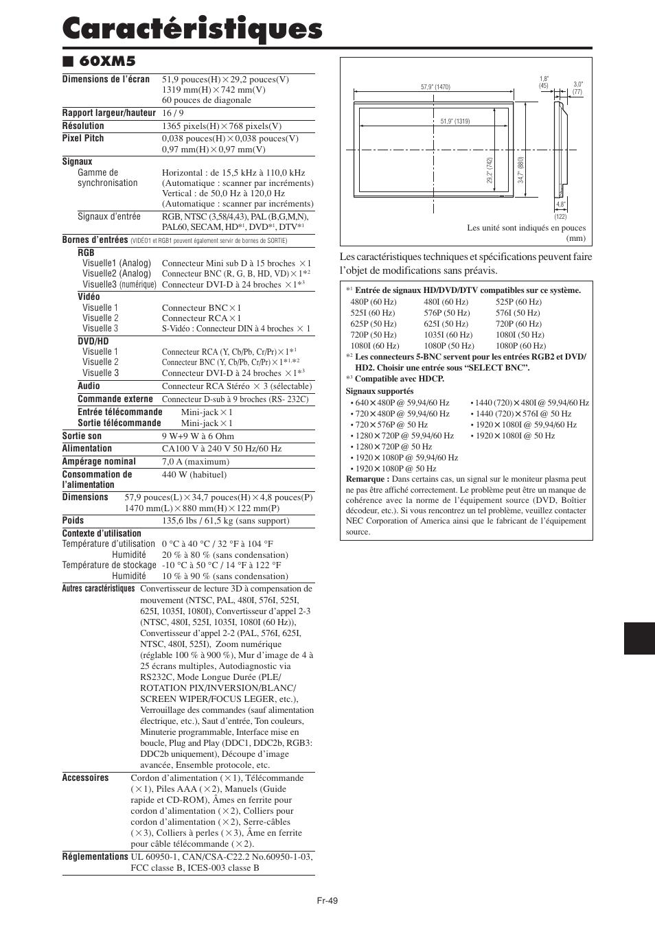 Caractéristiques, 60xm5 | NEC PX-60XM5A User Manual | Page 99 / 203
