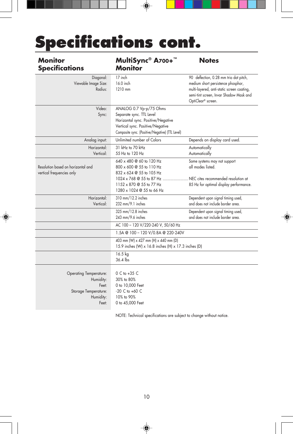 Specifications cont, Monitor multisync | NEC A700+TM User Manual | Page 12 / 56