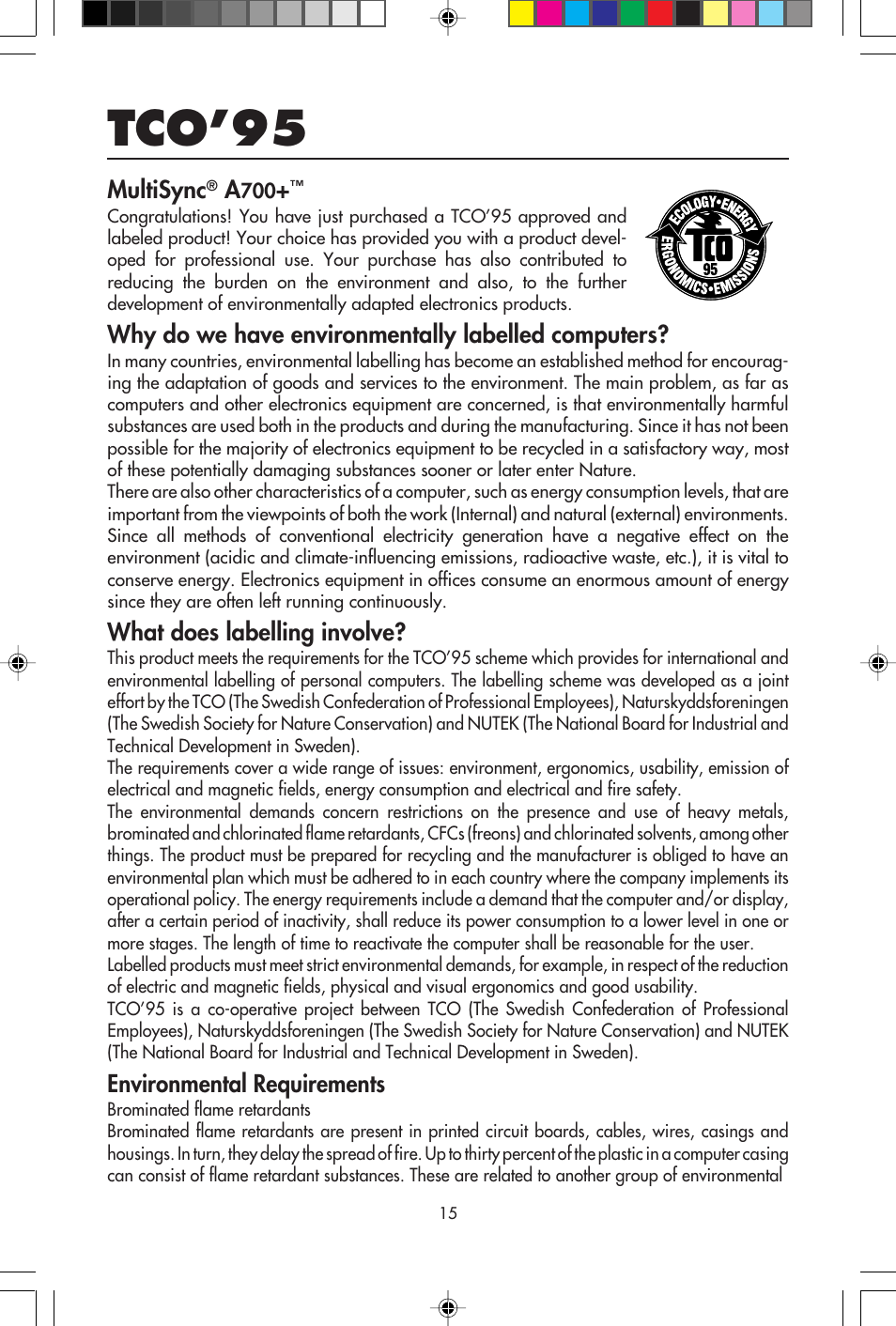 Tco’95, Multisync, Why do we have environmentally labelled computers | What does labelling involve, Environmental requirements | NEC A700+TM User Manual | Page 17 / 56