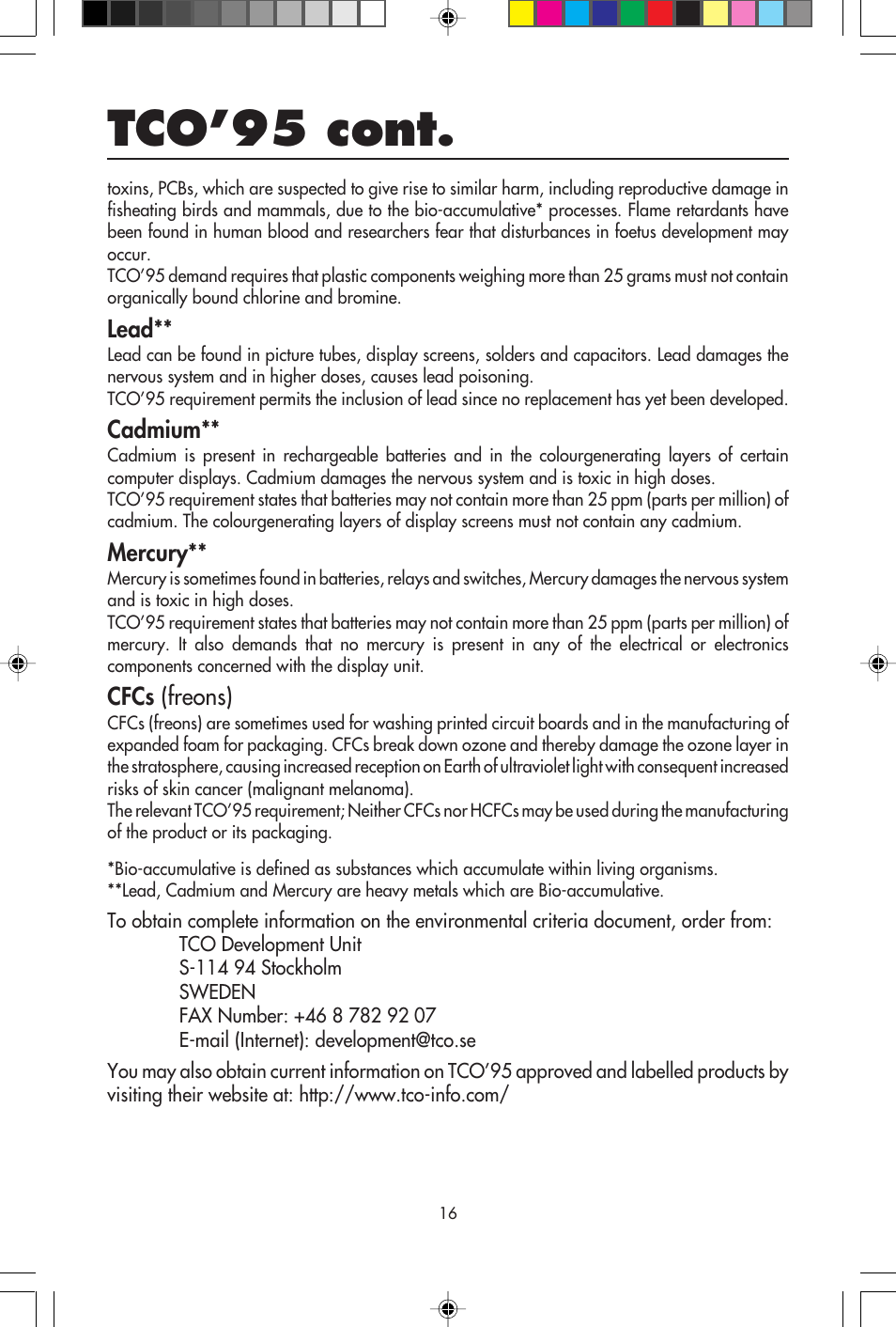 Tco’95 cont, Lead, Cadmium | Mercury, Cfcs (freons) | NEC A700+TM User Manual | Page 18 / 56