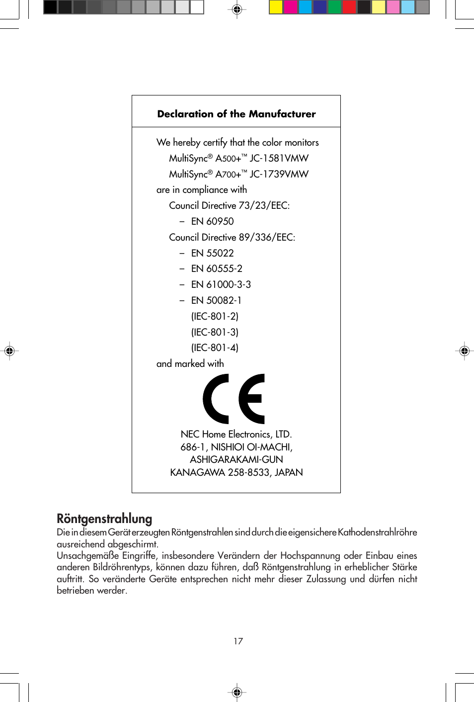 Röntgenstrahlung | NEC A700+TM User Manual | Page 19 / 56