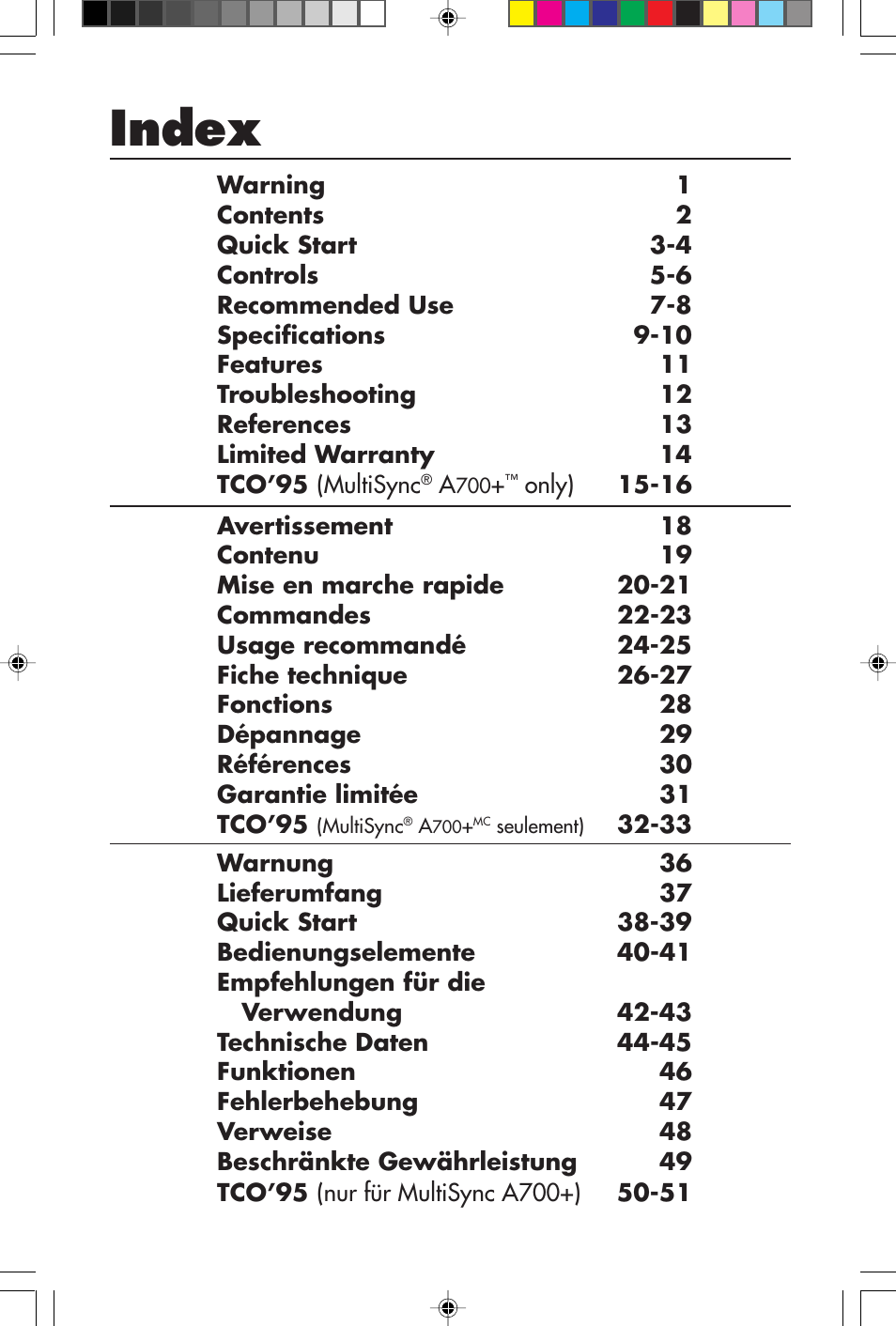 Index | NEC A700+TM User Manual | Page 2 / 56