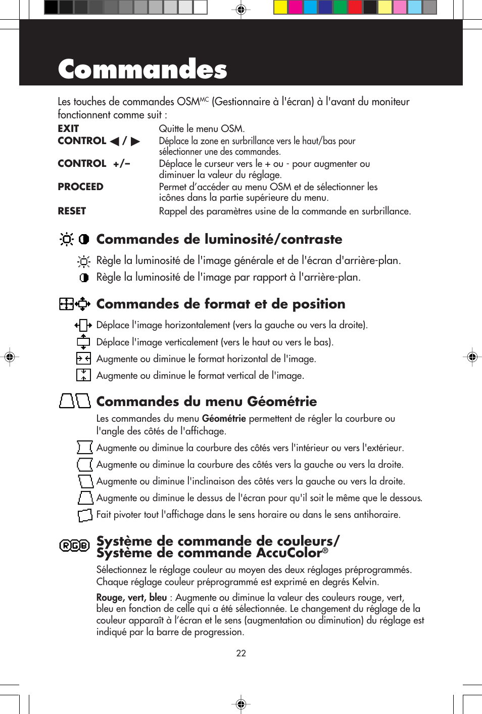 Commandes, Commandes de luminosité/contraste, Commandes de format et de position | Commandes du menu géométrie | NEC A700+TM User Manual | Page 24 / 56