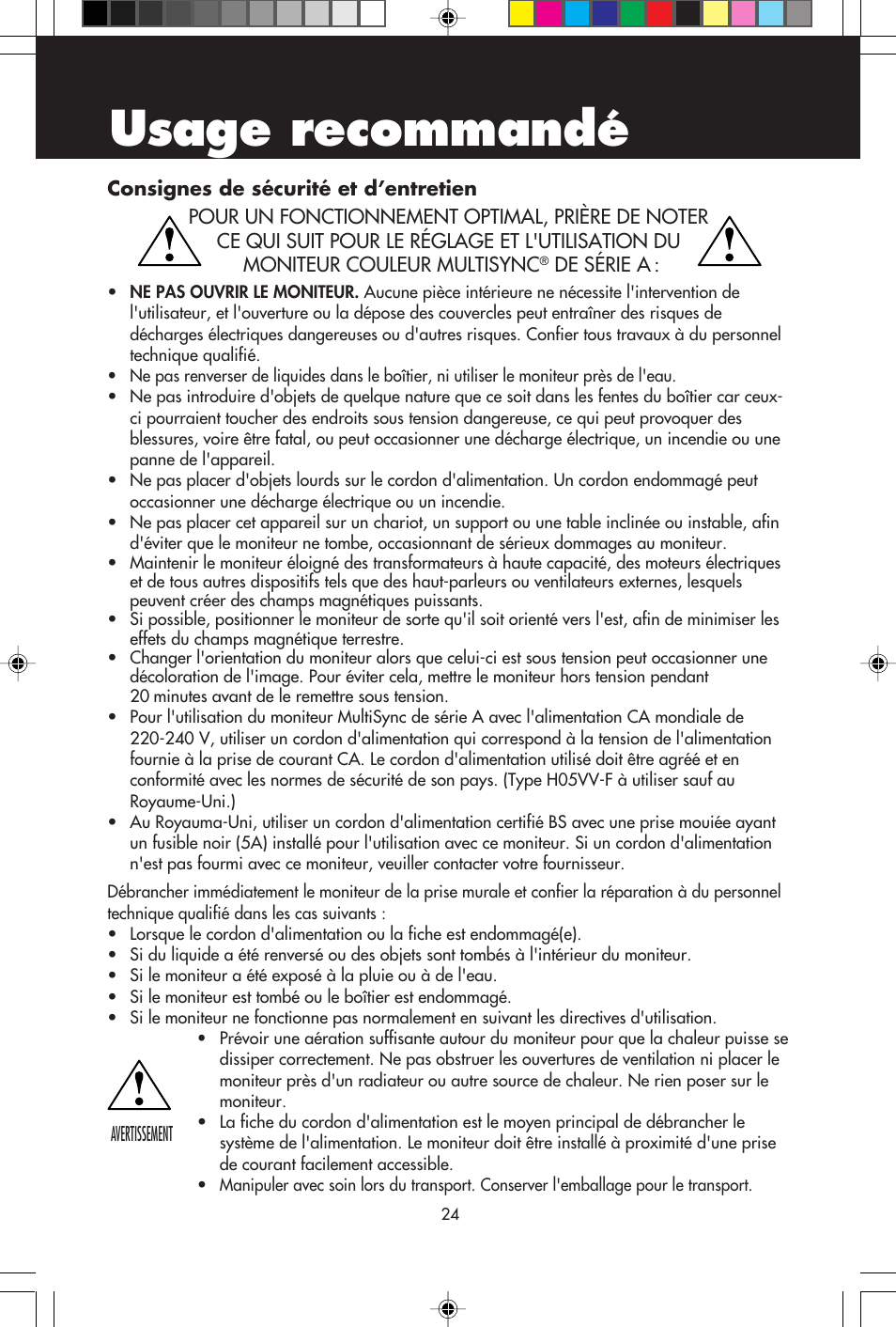 Usage recommandé | NEC A700+TM User Manual | Page 26 / 56