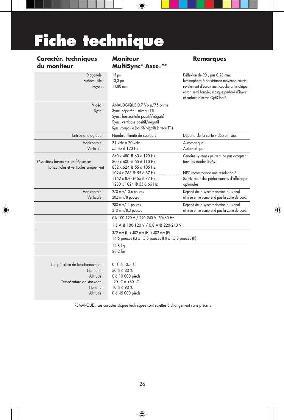 Fiche technique | NEC A700+TM User Manual | Page 28 / 56