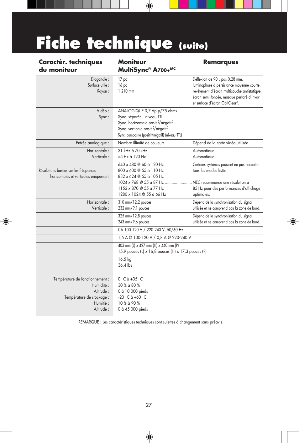 Fiche technique, Suite) | NEC A700+TM User Manual | Page 29 / 56