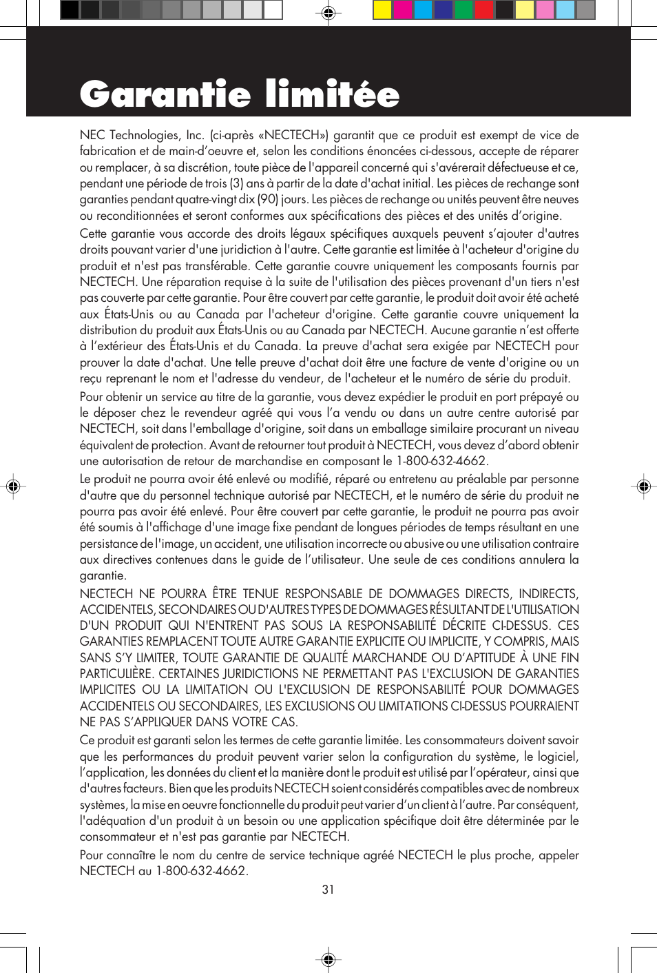 Garantie limitée | NEC A700+TM User Manual | Page 33 / 56