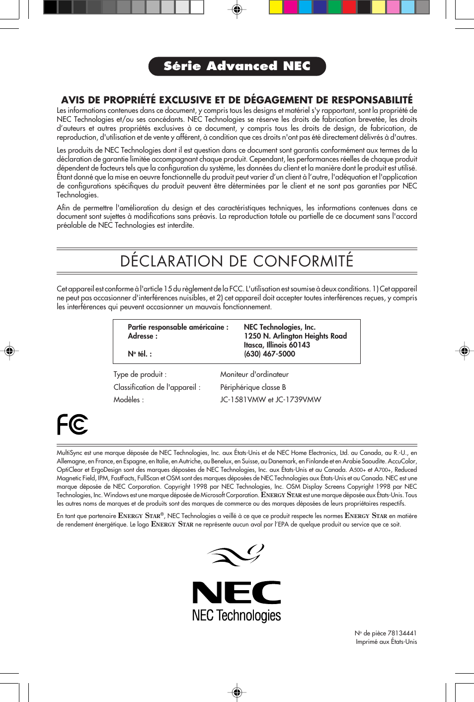 Déclaration de conformité, Série advanced nec | NEC A700+TM User Manual | Page 37 / 56