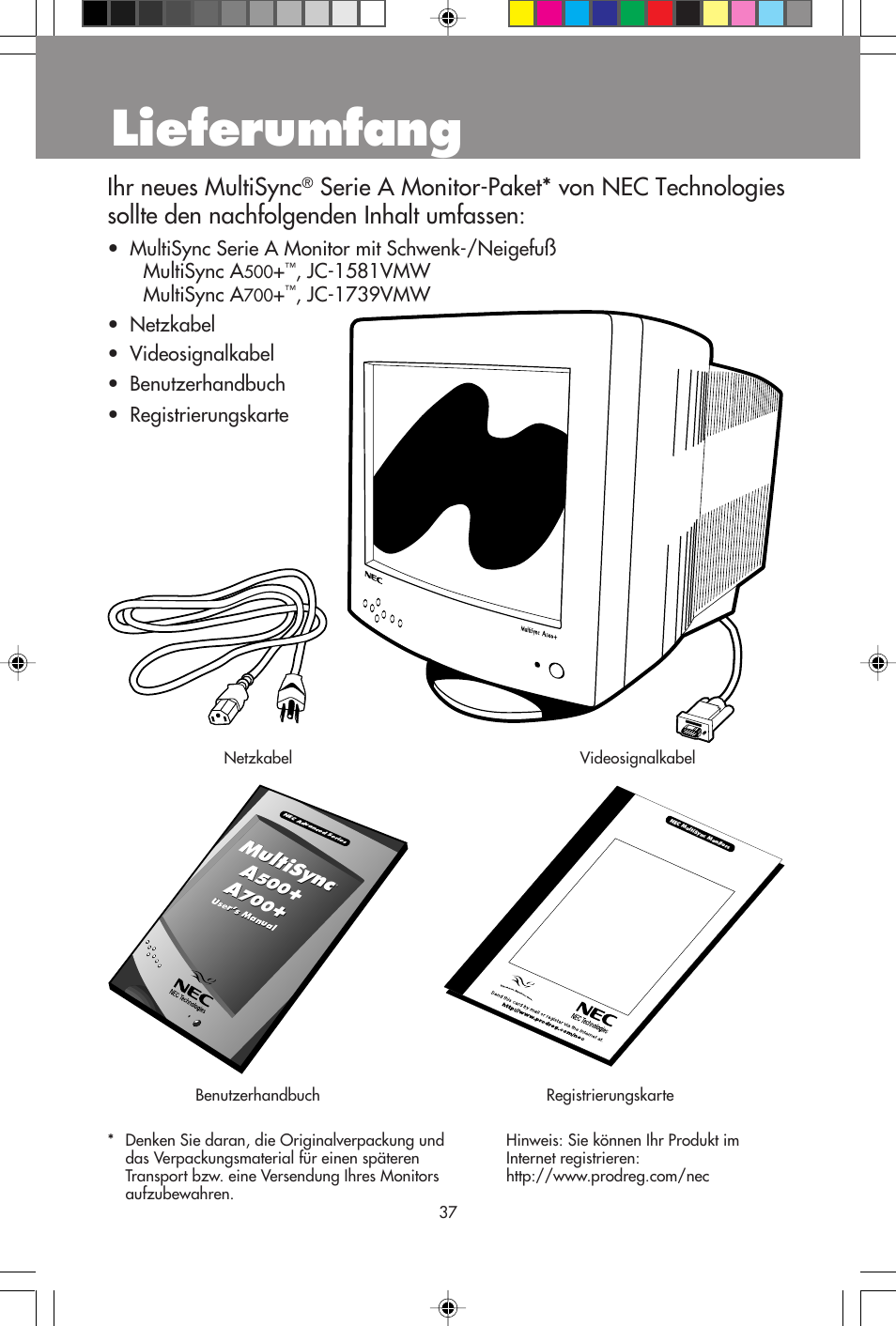 Lieferumfang, Ihr neues multisync, Jc-1581vmw multisync a | Multisync, Product registra tion | NEC A700+TM User Manual | Page 39 / 56