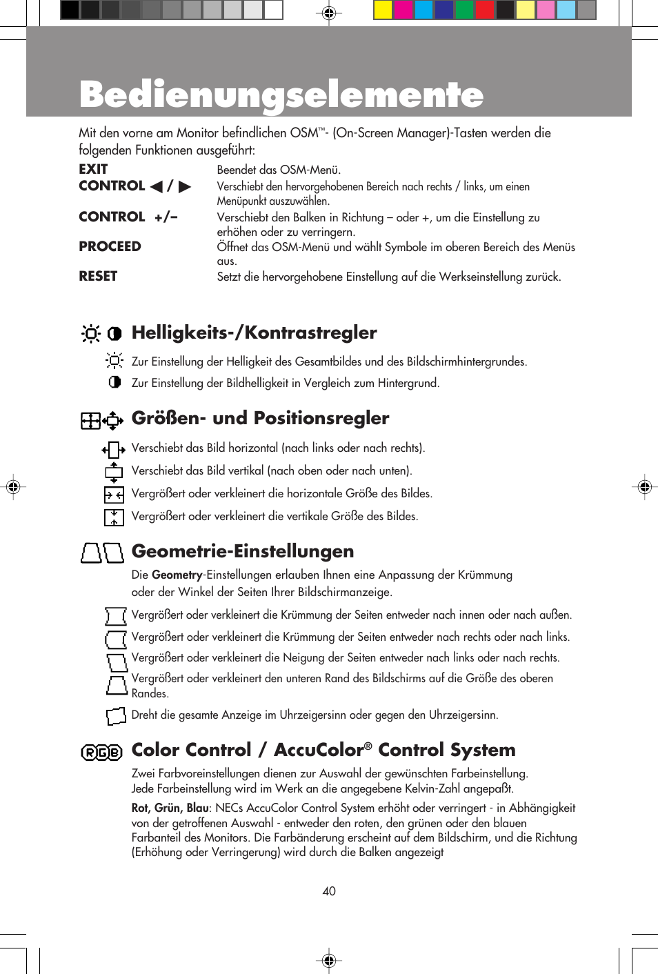 Bedienungselemente, Helligkeits-/kontrastregler, Größen- und positionsregler | Geometrie-einstellungen, Color control / accucolor, Control system | NEC A700+TM User Manual | Page 42 / 56