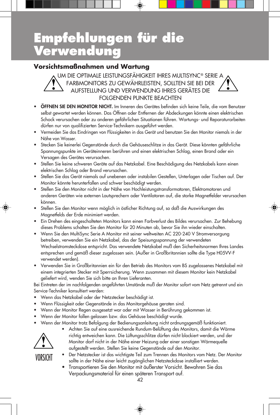 Empfehlungen für die verwendung, Vorsicht, Vorsichtsmaßnahmen und wartung | NEC A700+TM User Manual | Page 44 / 56